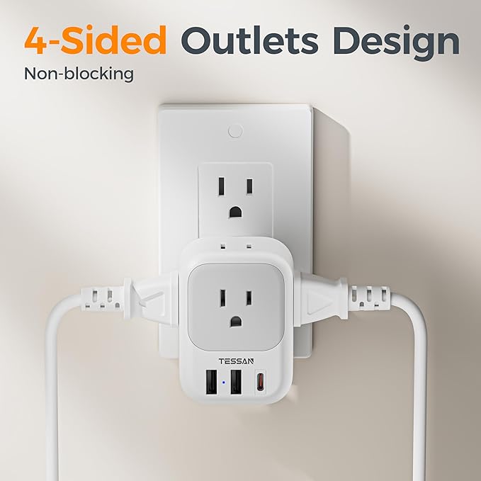 USB Wall Charger, Wall Plug Adapter Outlet Extender, TESSAN 3 Charger Block (1 USB C Port), Multi Charging Station for Cruise, Bathroom, Office, Dorm Essentials