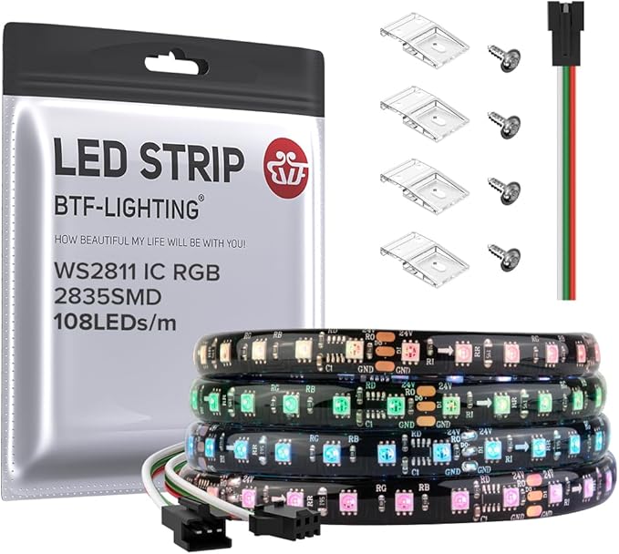 BTF-LIGHTING 2835SMD WS2811 IC RGB Chasing Color LED Strip Light 9.8FT DC24V 108LED/m 18Pixels/m 8mm Width IP65 Flexible Addressable Strip for Indoor Decor (No Adapter or Controller)