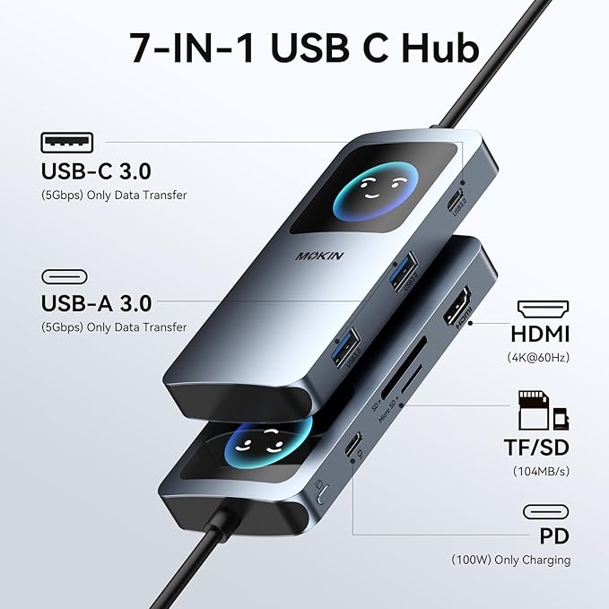 MOKiN 7 in 1 USB C Hub, 4K@60Hz Smart LED Docking Station with HDMI,PD 100W,2*USB A 3.0,USB C 3.0,SD/TF Card Reader,Monitor Adapter for MacBook/Dell/HP/Lenovo