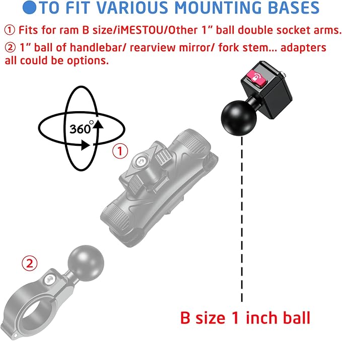 iMESTOU Sports Camera Riding Mount with 1/4 Screw for Insta 360 Action Camera Installing and 1“ Ball Head 360° Adjustable Fits for RAM 1" Ball Bike Phone Mounts