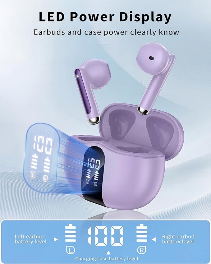 Wireless Earbuds, 2026 Bluetooth 5.4 Headphones Bass Stereo Ear Buds with Noise Cancelling Mic, LED Display in Ear Earphones 50H Playtime Ear Buds, IP7 Waterproof for Laptop Pad Phones Purple
