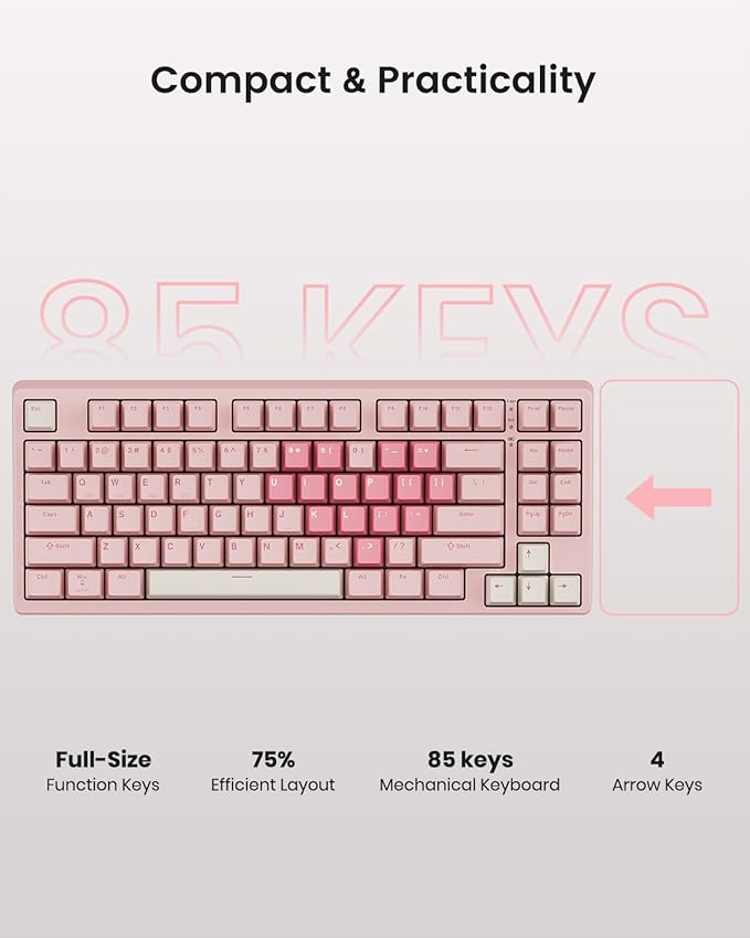 Kisnt KN85 Wireless Mechanical Gaming Keyboard, 75% Layout with RGB Backlit, Custom Hot Swappable, Creamy Sound, Bluetooth/2.4GHz/USB-C Compatible with Windows/Mac/PC (Rose Pink, Linear Switch)