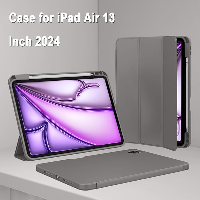 ZryXal New iPad Air 13 Inch Case M3 2025/M2 2024 with Pencil Holder, Trifold Stand Smart Case with Soft TPU Back,Auto Wake/Sleep(Space Gray)