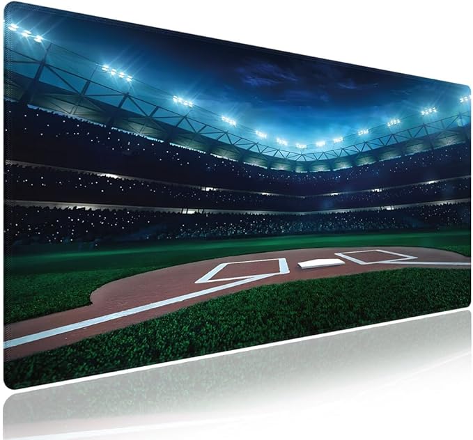 Extra Large Gaming & Office Mouse Pad (31.5" x 11.8") with Durable Stitched Edges – Professional Baseball Field at Night Vibrant Playground Stadium League Theme Print, Anti-Slip XXL Desk Mat