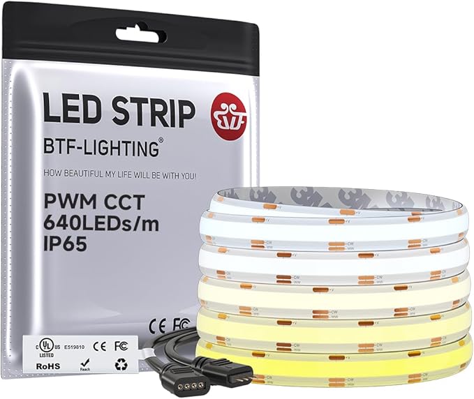 BTF-LIGHTING FCOB COB LED Strip CCT 3000K-6000K Tunable White IP65,UL Listed DC12V 16.4FT CRI 90+ Dimmable LED Tape Lights,640LEDs/m Dotless for Bedroom Kitchen Indoor Decor(No Adapter or Controller)