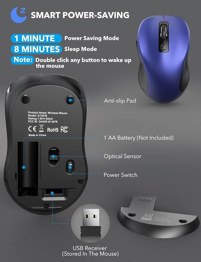 Trueque Wireless Mouse for Laptop, 2.4GHz Ergonomic Computer Mouse with Back & Forward Buttons, 3 Adjustable DPI Levels, 6 Buttons, Optical USB Cordless Mice for Windows PC, M01 (Deep Blue)