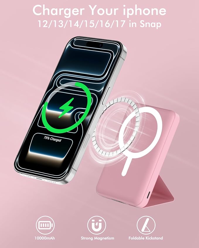 podoru for Magsafe Battery Pack, Foldable 10000mAh Magnetic Power Bank with USB-C Cable LED Display 22.5W PD Fast Charging Wireless Portable Charger for iPhone 17/16/15/14/13/12 Series-Pink