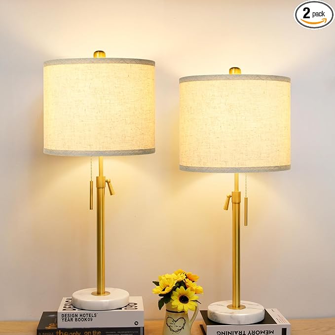 Qingmiao Table Lamps for Bedrooms Set of 2, 22" to 30" Height Adjustable Nightstand Lamps with Linen Shade, Pull Chain Switch Lamps for Living Room, 3 Way Dimmable Bedside Lamp