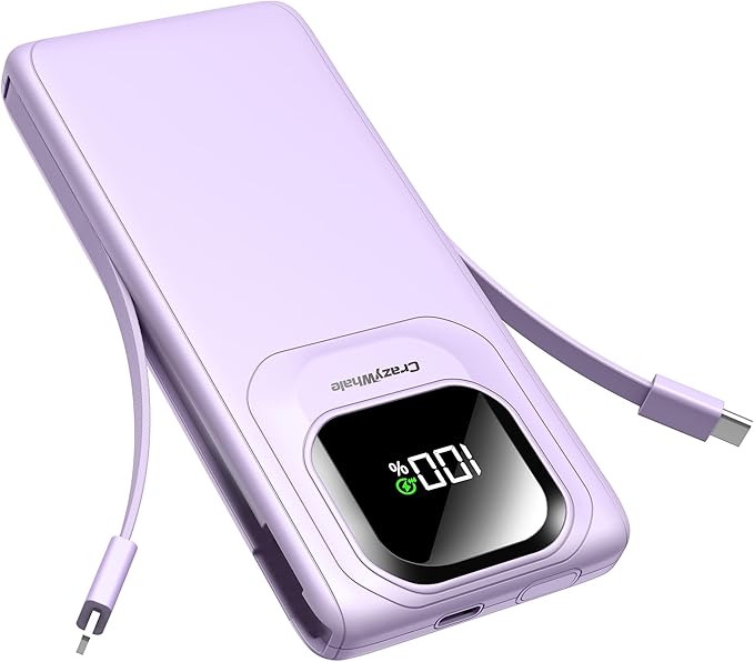 Portable Charger with Built-in Cables,22.5W Super Fast Charging Power Bank Slim Phone Charger,10000mAh Travel Battery Pack Battery Bank with Smart LED Display for iPhone, Android & USB-C (Purple)