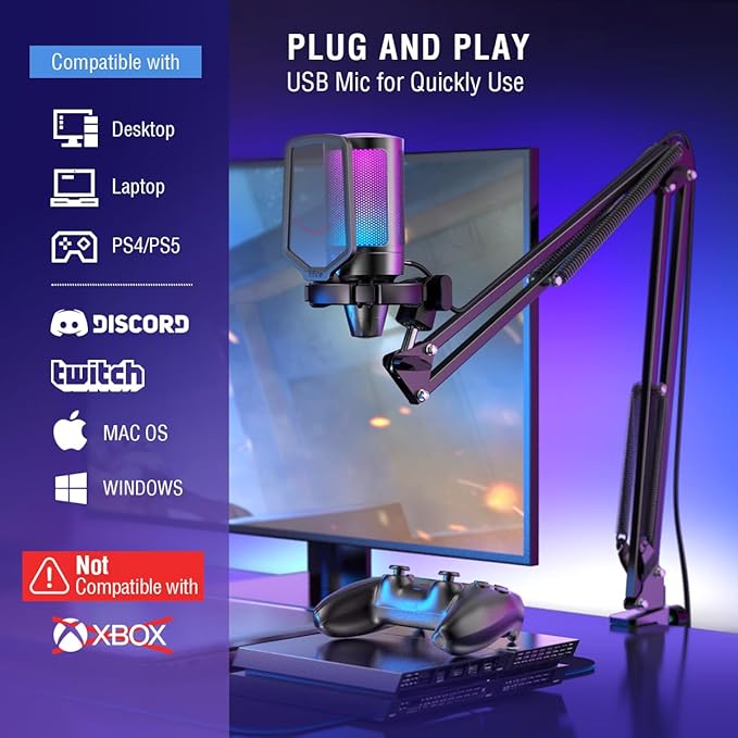 FIFINE Gaming Microphone and USB Streaming Headset Kit, PC Podcast Condenser Mic with Boom Arm, Pop Filter, Mute, Wired Headphones with 7.1 Surround Sound for Streaming, Twitch, Online Chat (A6T+H6)