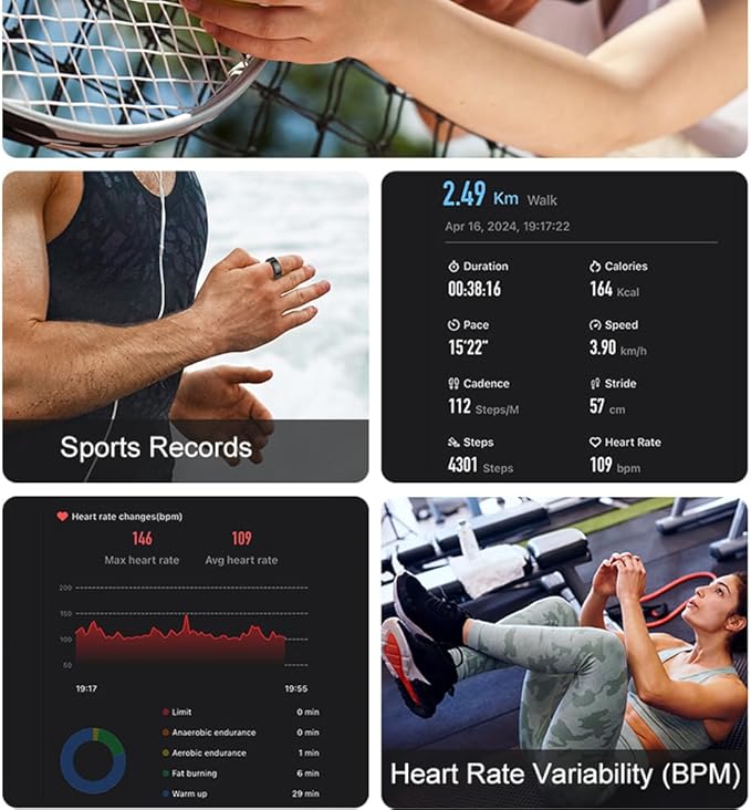 Curved Design Smart Ring Fitness Tracker, Gesture Remote Control Activity Sport Record Sleep Quality Heart Rate SpO2 Skin Temperature Monitoring (Black, #8)
