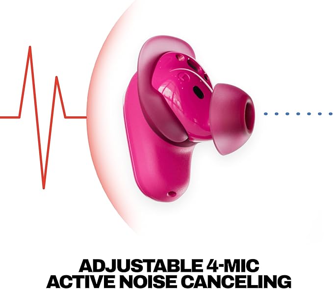 Skullcandy Method 360 ANC Wireless Earbuds, Sound by Bose, Bluetooth Headphones, Premium Noise Cancelling, Up to 40 Hrs Battery, Sweat and Water Resistant, Microphone for iPhone Android - Crazy Pink