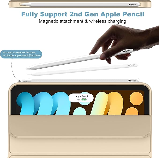 iMieet iPad Mini 7 Case 2024 (A17 Pro), iPad Mini 6 Case (8.3-Inch,2021 Model), iPad Mini 7th/6th Generation Case with Pencil Holder, Trifold Stand Smart Case with Soft TPU Back,Champagne Gold