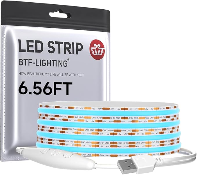 BTF-LIGHTING FCOB COB FOB LED Strip Lights 5V USB Powered 6.56FT 640LEDs Ice Blue 8mm Width Dimmable CRI 90+ with 3M Tape Flexible High Density for 3D Printer TV Backlight PC DIY Decor