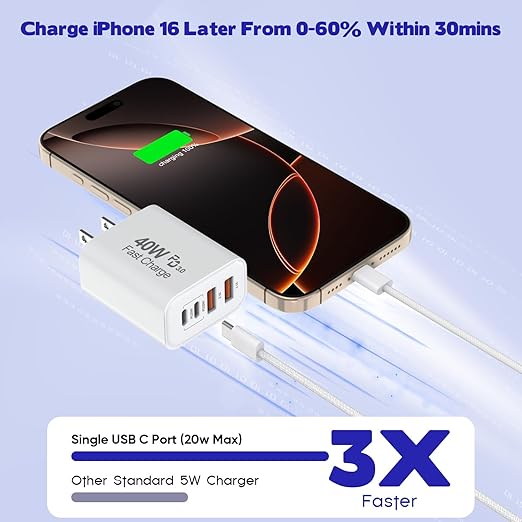 10FT iPhone 17 16 15 Pro Charger,2Pack 10Foot USB C to C Woven Cable Cord 40W USB C Apple Charger 4 Port PD&AC Charge Block Fast Charging for iPhone 17 Air/17 16 15 Pro Max/16e/16 Plus/15/15 Pro/iPad
