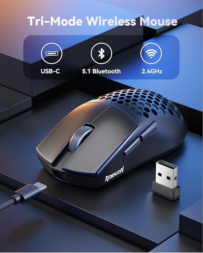 Redragon M725 Honeycomb Shell Gaming Mouse Wireless, Ultra Lightweight 49g, 8000 DPI Tri-Mode BT5.1/2.4GHz/Type-C Wired Gamer Mouse with 2 Side Buttons, Macro Programmable for PC/Mac/Laptop, Black