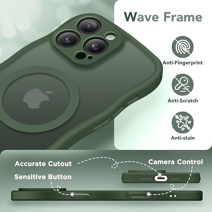 CAPRARO for iPhone 16 Pro Max Case for Women Girls, Upgraded [Full Camera Protection] [Compatible with MagSafe] Cute Wave Translucent Matte Phone Case for iPhone 16 Pro Max, Deep Green