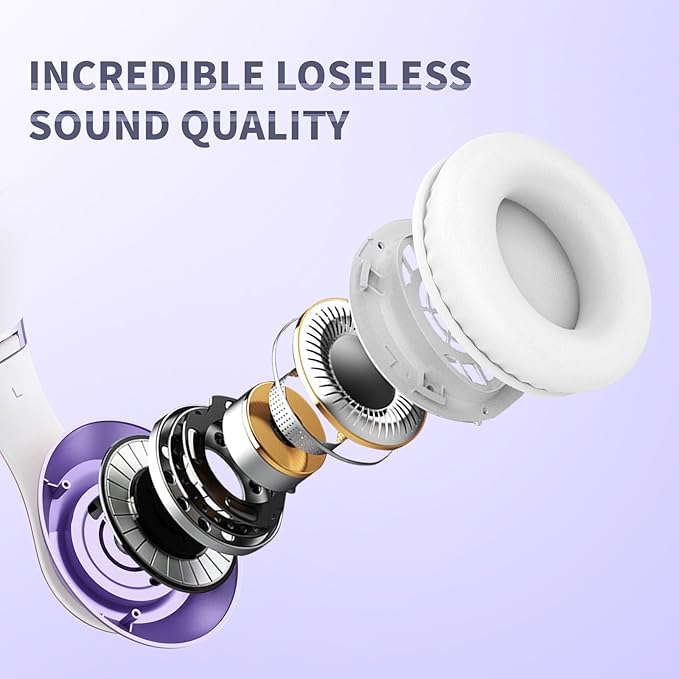 Uliptz Wireless Bluetooth Headphones, 65H Playtime, 6EQ Sound Modes, HiFi Stereo Over Ear Headphones with Microphone, Foldable Bluetooth 6.0 Headphone for Travel/Office/Cellphone/PC (Purple)