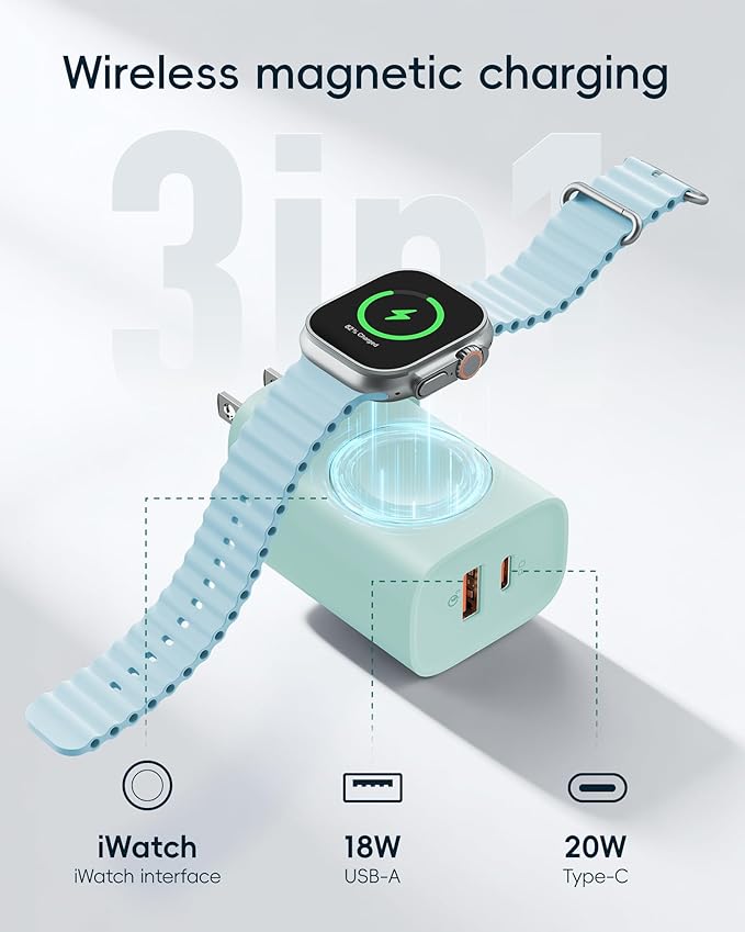VRURC Charger for Apple Watch, Built-in Wireless Magnetic Charging Station for iWatch SE/11/10/9/8/7/6/5/4, PD 20W USB C Charging Block, Foldable Wall Charger Fast for iPhone 17/16/15/14/13-Green