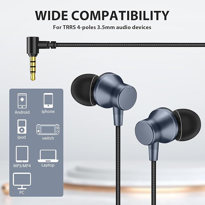 Wired Earbuds for School Chromebook Laptop PC, Noise Canceling Ear Buds with 3.5mm Plug in Audio Jack Microphone HiFi Stereo Wired Headphone Corded Earphone for Kindle Fire School Travel MP3, Blue