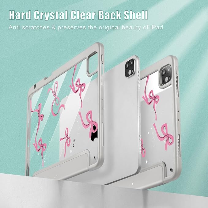 May Chen for iPad Pro 13 Inch Case M5 2025 / M4 2024, Built Pencil Holder & Clear Transparent Print Back Shell Slim Stand Shockproof Tablet Cover, Auto Wake/Sleep, Khaki Bows