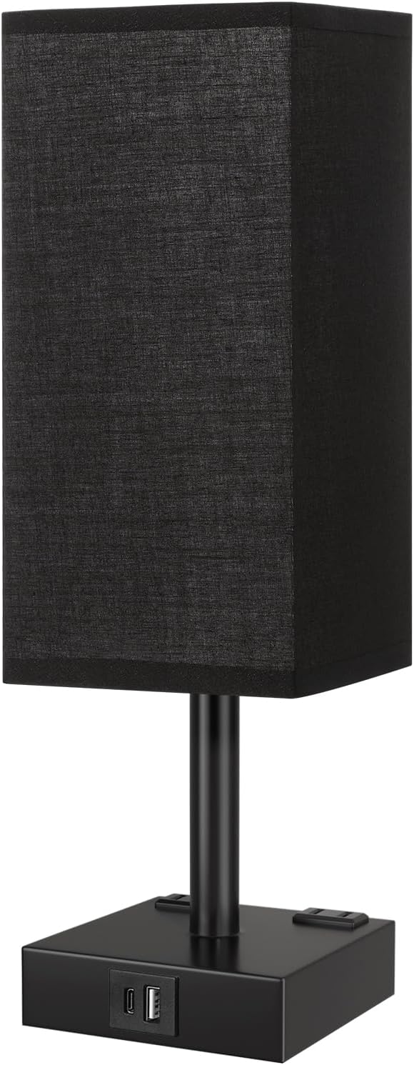 Touch Bedside Table Lamp for Nightstand - 3-Way Dimmable Night Lamp with USB A + Type C Charging Ports and Two AC Outlets, Small Desk Light with E26 LED Bulb for Bedroom Living Room Dorm Office,Black