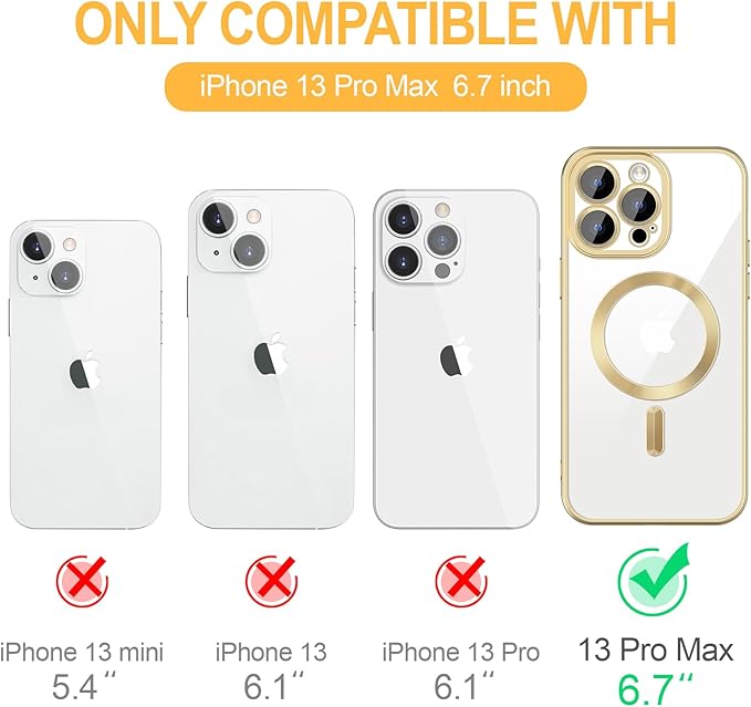 Hython Magnetic Clear for iPhone 13 Pro Max Case with Camera Lens Protector [Compatible with MagSafe] Plating Edge Slim Soft TPU Cover Protective Phone Case for iPhone 13 Pro Max 6.7", Matte Gold