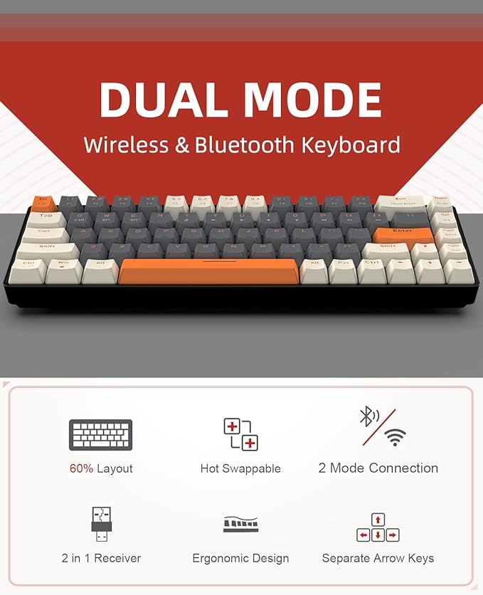 ZIYOU LANG RK68 60% Wireless Mechanical Keyboard, Bluetooth 5.0/2.4Ghz Dual Mode 2-in-1 USB-C Receiver Mini Mechanical Keyboard, Hot Swappable Red Switch Gaming Keyboard for PC/MAC/Laptops