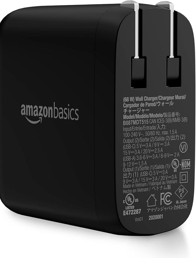 Amazon Basics 68W Two-Port GaN Wall Charger with 1 USB-C (60W) & 1 USB-A Ports (18W) with PD for Laptops, Tablets & Phones (iPhone 16/15/14/13/12/11/X, iPad, MacPro, Samsung, More), Non-PPS, Black
