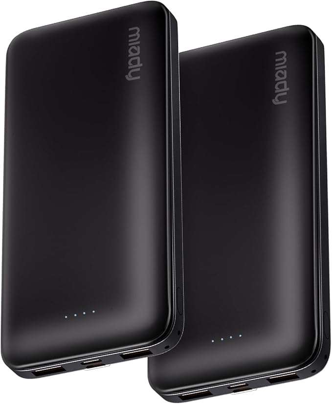 Miady 2-Pack Portable Charger, Slim 10000mAh Power Bank Travel Battery Pack 3 Outputs 2 Inputs Compatible with iPhone 17/16/15/14/13 Galaxy S24/22 iPad Android etc (2 Black)