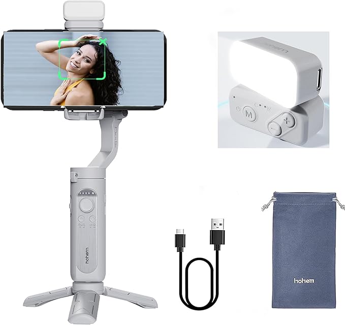 hohem iSteady XE KIT 3-Axis Smartphone Gimbal Stabilizer with Light for iPhone Android Phone for Vlog YouTube Live Video Record Handheld Folded Gimbla Stabilizer, Grey Combo
