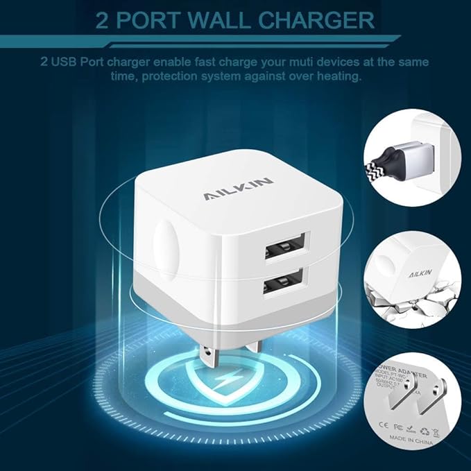 3Pack USB Wall Charger Plug, AILKIN 2.4A Dual Port USB Adapter Power Cube Fast Charging Station Box Base for iPhone 17 Air 16e 16 15 14 13 12 Pro Max SE 11 XR XS X/8, Samsung, Phones Charge Block