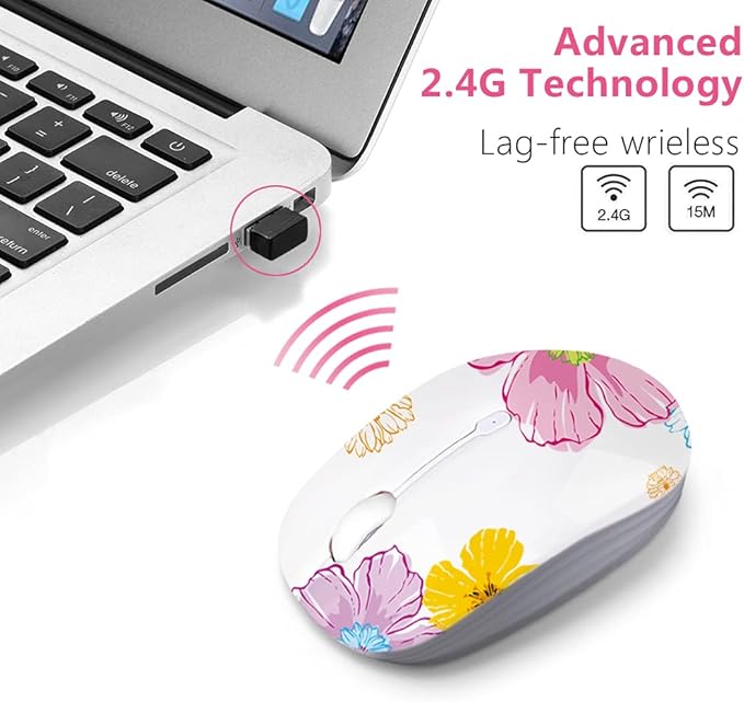 JUHOO Wireless Mouse with Nano Receiver for PC, Laptop, Notebook, Computer, MacBook, Less Noise, Portable Mobile Optical Mice.(Flower).