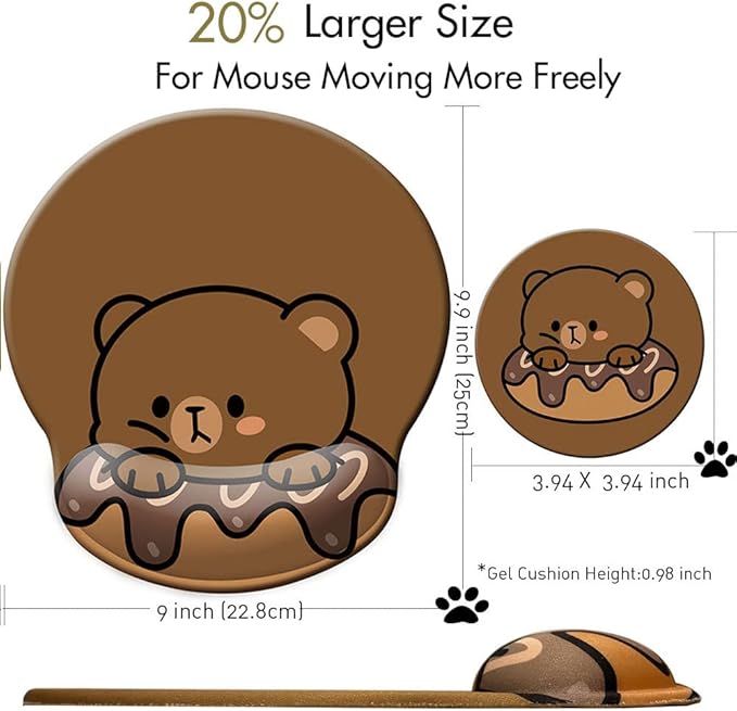 Cute Ergonomic Mouse Pad Wrist Support,[ 20% Larger] Wrist Rest Non-Slip Gel Anime Kawaii 3D Bear Donut Mouse Pads, Silicon Wrist Pad,with Coaster,Easy-Typing,Pain Relief, Game Work Study Home Office