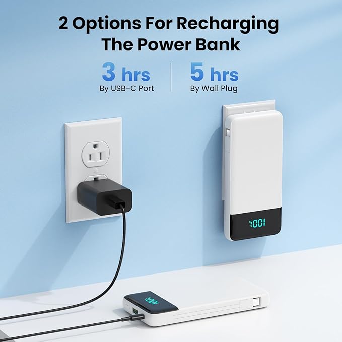 Portable Charger for iPhone,13800mAh Slim Power Bank with Built-in Cables & AC Wall Plug,All in One 4 Outputs USB C Fast Charging Battery Pack Travel Essential for iPhone 17/16/15/14,Android (White)