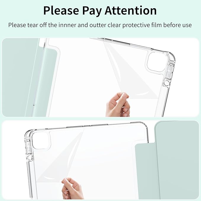 Clear Case for iPad Pro 12.9 inch 6th/5th/4th/3rd Gen with Pencil Holder [Support Pencil Charging] Auto Wake/Sleep, Lightweight Shockproof Trifold Stand Transparent Hard PC Back Cover, Tender Green