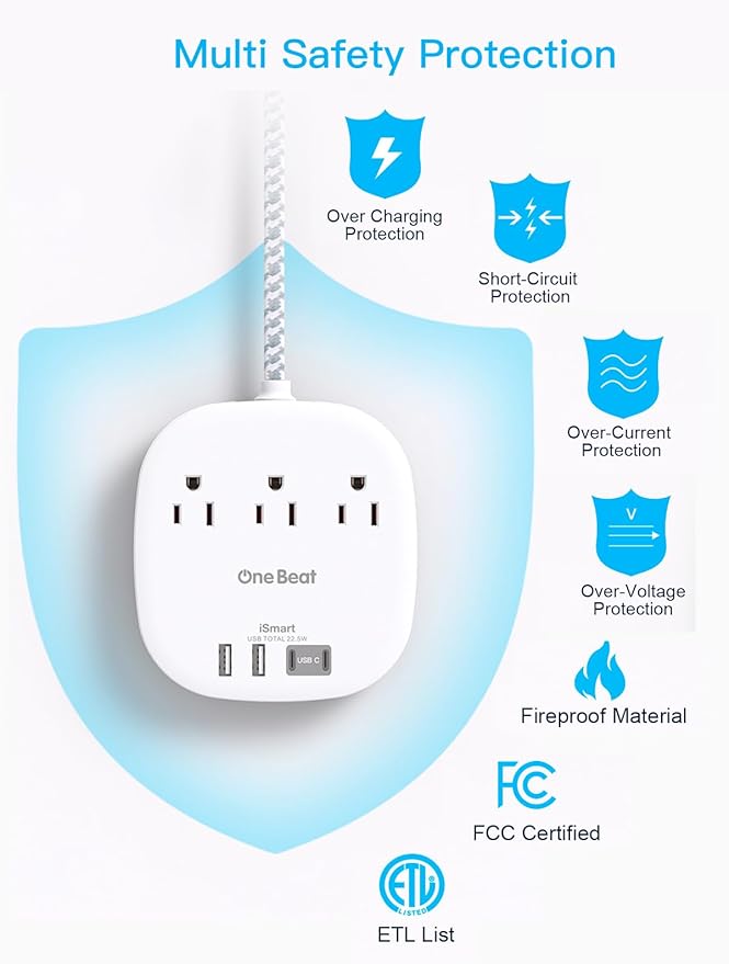 Cruise Ship Travel Essentials, 22.5W/4.5A Flat Plug Power Strip, 1Ft Short Extension Cord, 3 Outlets 4 USB Ports (2 USB C) Cruise Approved Power Strip No Surge Protection, Desktop Charging Station