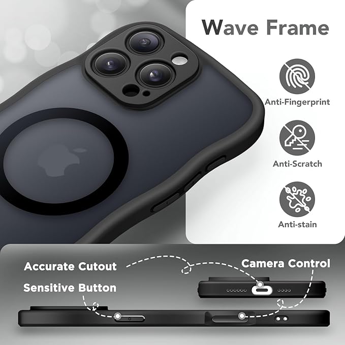 CAPRARO for iPhone 16 Pro Case for Women Girls, Upgraded [Full Camera Protection] [Compatible with MagSafe] Cute Wave Translucent Matte Phone Case for iPhone 16 Pro, Black