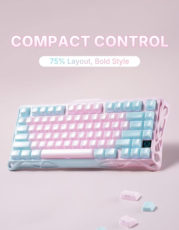 GravaStar Mercury K1 Lite 75% Gaming Keyboard, 2.4GHz/BT/Wired Tri-Mode Wireless Keyboard, Gasket Hot Swappable Mechanical Keyboard, Pre-lubed Linear Switches, Jelly Keycaps, RGB Backlit (Lumen Rose)
