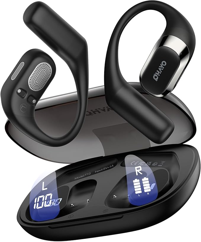 OHAYO Open Ear Headphones,Over Ear Earbuds with Ergonomic Earhook,Bluetooth Headphones 5.4 with Smart Digital Display,40H Playtime,IPX6 Waterproof,Touch Control Operate Fit Cycling,Running,Workout