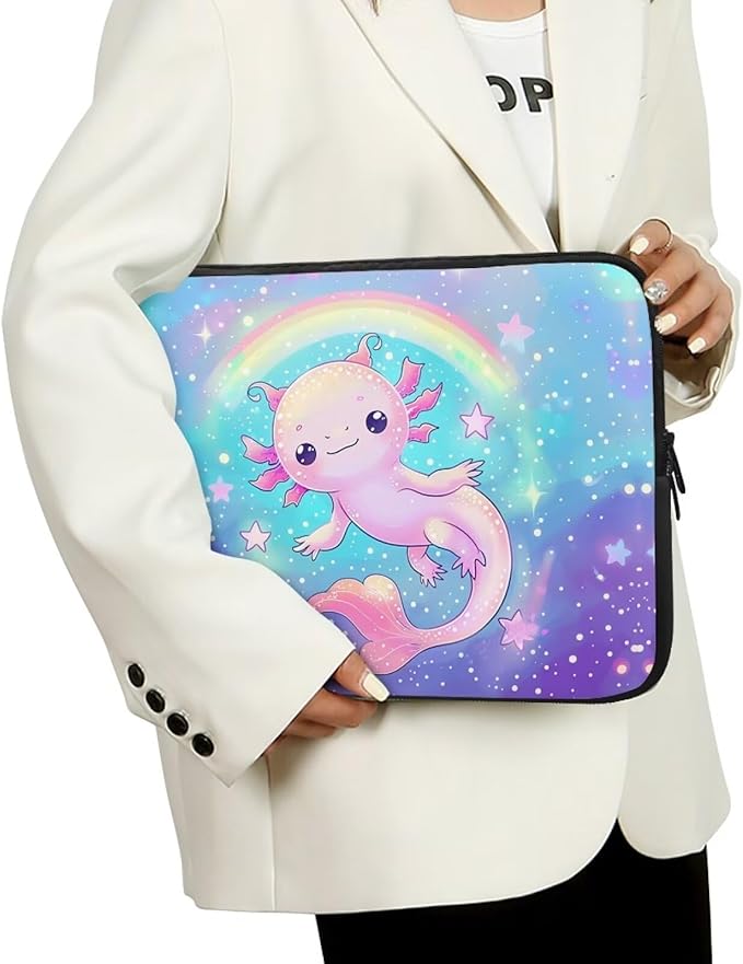 Rainbow Axolotl Computer Sleeve for Women Girls Laptop Sleeve 13 inch Neoprene Laptop Covers with Padded Compartment Lap Top Case Galaxy Computer Carrying Bag Purple