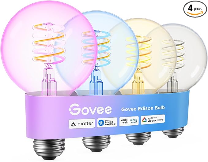 Govee Edison Bulbs, Smart Vintage Light Bulbs, RGBWW Color Changing and Tunable White, Compatible with Matter, Alexa & Google Assistant, G25 Vanity Light Bulb for Living Room Kitchen E26 Base 4 Pack
