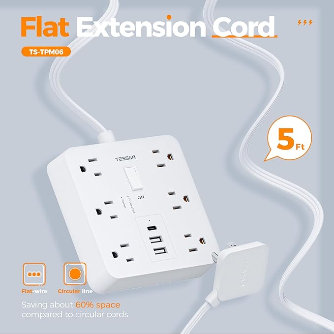 TESSAN 5Ft White Extension Cord with Multiple Outlets, Surge Protector Power Strip with 6 Outlets and 3 USB Ports (1 USB C), 1700 Joules Protection, Flat Plug, Outlet Extender for Home, Office, Dorm