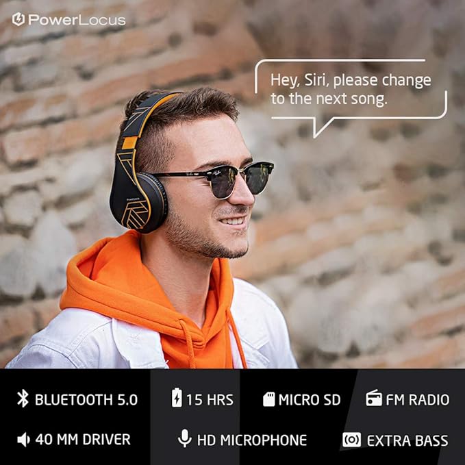 PowerLocus Bluetooth Over-Ear Headphones, Wireless Stereo Foldable Headphones Wireless and Wired Headsets with Built-in Mic, Micro SD/TF, FM for iPhone/Samsung/iPad/PC (Black/Orange)