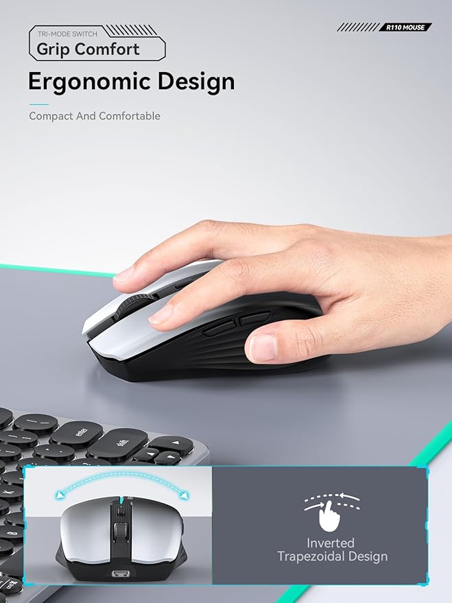 RAPIQUE Bluetooth Wireless Mouse – White to Black Gradient, Dual Bluetooth 5.1 & 2.4G Connectivity, Silent Click, Rechargeable, Ergonomic 6-Button for Windows/MacOS/Android/Laptop/MacBook/iPad