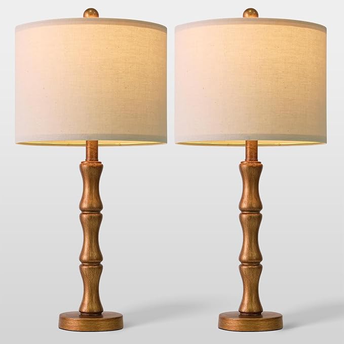 BOBOMOMO 25" Vintage Nightstand Lamps Set of 2, Farmhouse Table Lamps with Antique Gold Resin Base & Linen Shade, Standard Table Lamps for Bedroom, Living Room, Hallway & House Décor