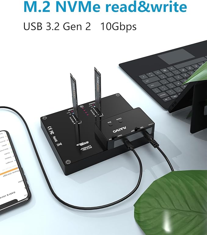 MAIWO K3015P Portable Dual Bay M.2 NVME Docking Station, Tool-Free Type-C10Gbps NVME SSD External Enclosure, with Offline Clone duplicator and System Copy Function.