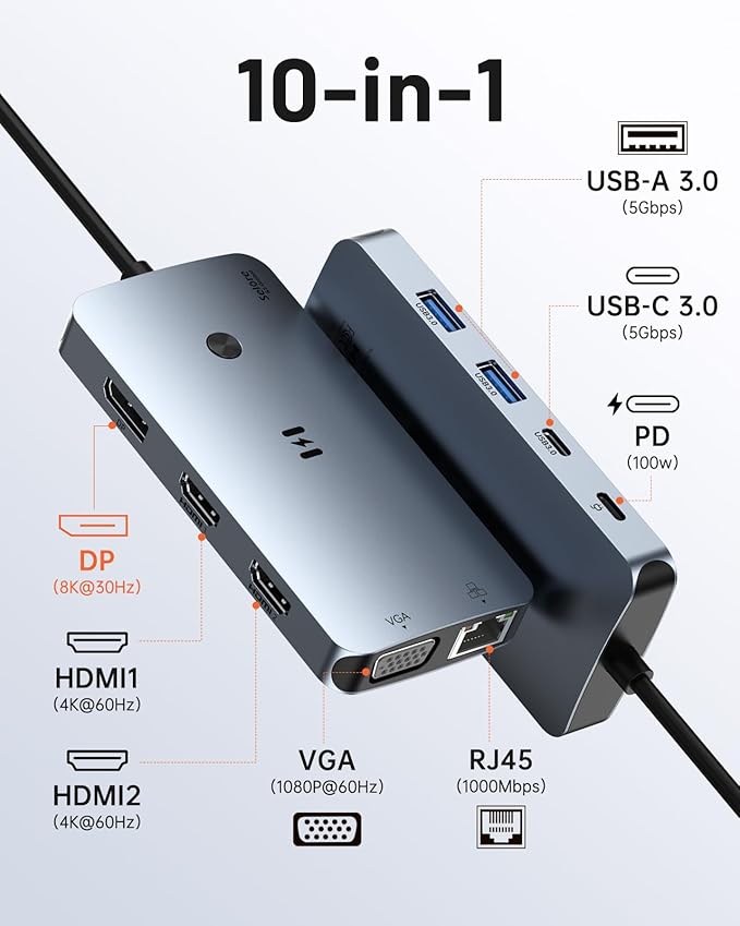 USB C Docking Station Dual Monitor Adapter, Selore Laptop Docking Station 3 Monitors Quad Display with 2 HDMI, DP, VGA, Ethernet, 3 USB A&C 3.0, 100W PD, USB C Hub Dongle for DELL, HP and More