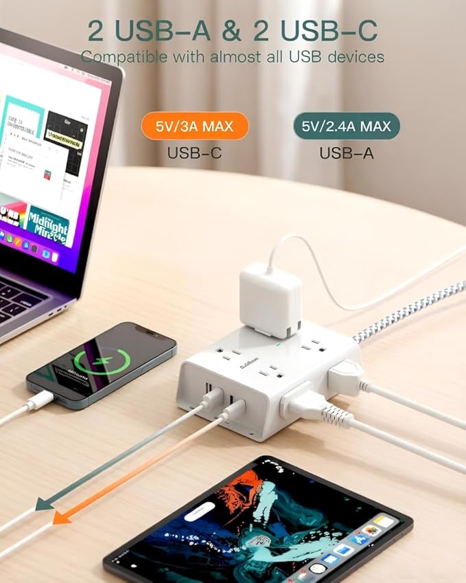 Addtam Surge Protector Power Strip, 8 Widely Outlets with 4 USB Ports (2 USB C), 10ft Extension Cord with Multiple Outlets, 3 Side Outlet Extender, Flat Plug, Wall Mount, ETL, White
