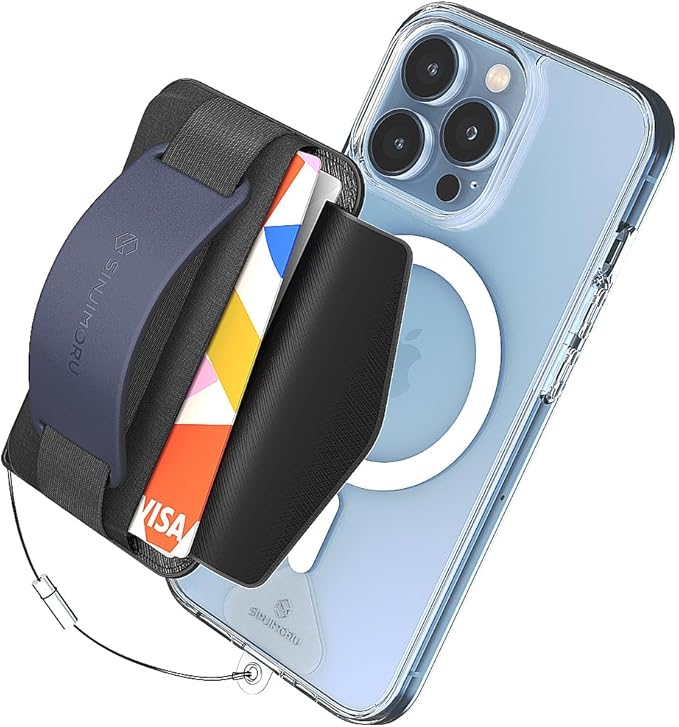 Sinjimoru for 3 in 1 MagSafe Wallet 2600g Magnetic Strength Phone Grip with Stretchy Fabric Secure Flap Anti-Drop Tag Holder for iPhone 16 15 14 13 12 M-BGRIP Navy
